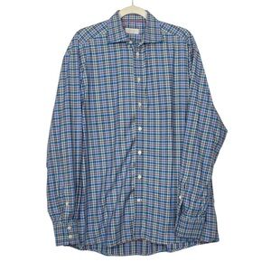 Eton Shirt Mens 43‎ 17 Blue Purple Green Plaid Button Down York 100% Cotton